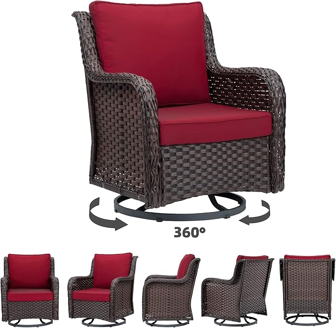Towallmark Outdoor Swivel Wicker Glider Patio Chairs with Table Set, 3 Pieces Outdoor Bistro Set with 4”Thick Cushions and Coffee Table for Porch, Balcony, Deck (Red)