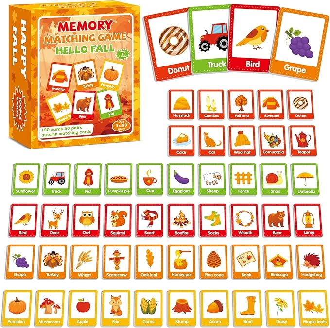 gisgfim 50 Pairs Fall Memory Matching Game Thanksgiving Happy Fall Concentration Memory Games for Kids Educational Ages 3-8 A Fun & Fast Autumn Theme Memory Matching Games
