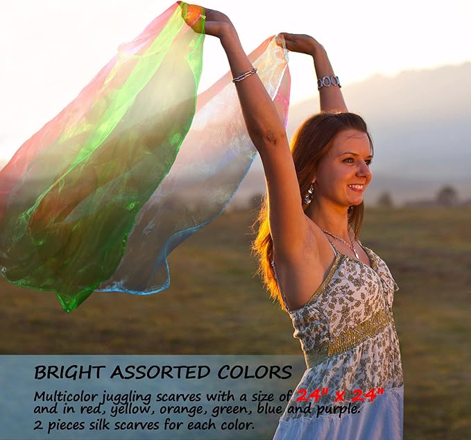 Novelty Place 12 Pcs Dance and Juggling Scarves - Gradient Colors Silk Square Scarf with Hemmed Edges - Easy Clean Ideal Performance Props Accessories(24" x 24")