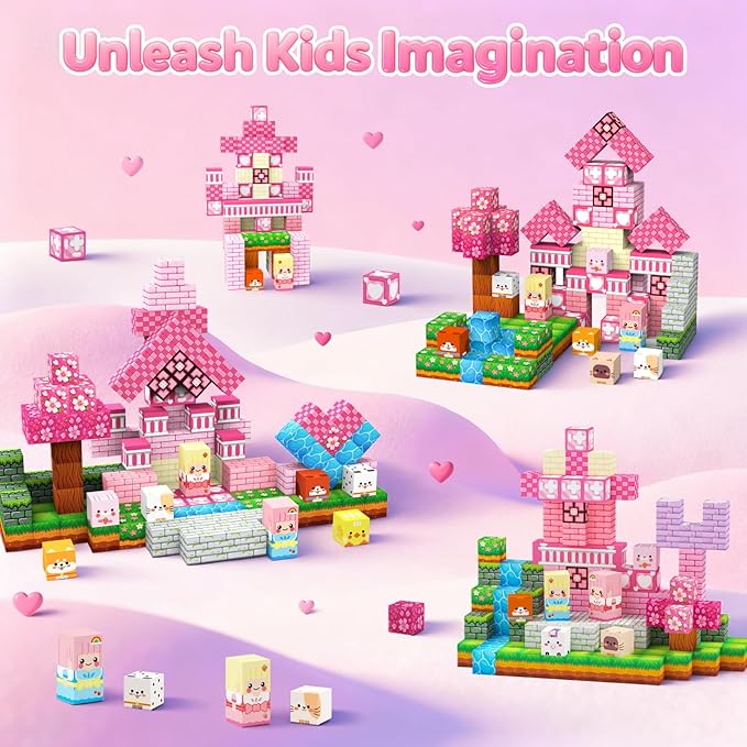 Magnetic Building Blocks, STEM Toys Educational Magnet Cubes for Kids Ages 4-12 (Pink Castle-150pcs)
