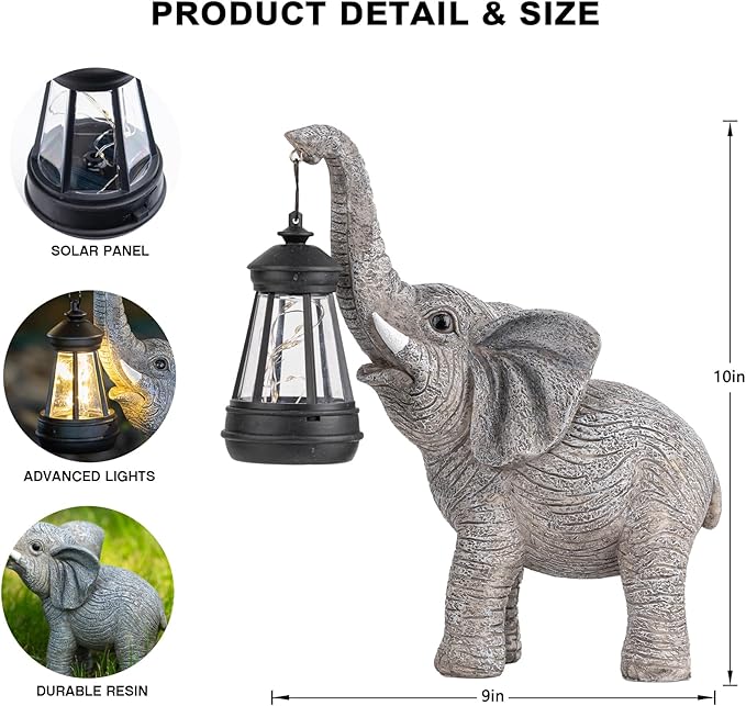 Elephant Statue Solar Garden Decor, Outdoor Solar Decoration for Outside, Gardening Gifts for Women