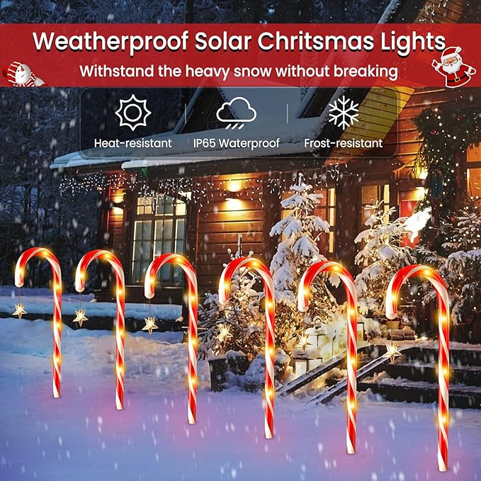 WdtPro Outdoor Christmas Decoration, 12 Pack 28.3FT Solar Powered 72 LED Christmas Candy Cane Lights with Stakes, 10 Lighting Modes Waterproof Christmas Lights Outside Decorations for Yard, Garden