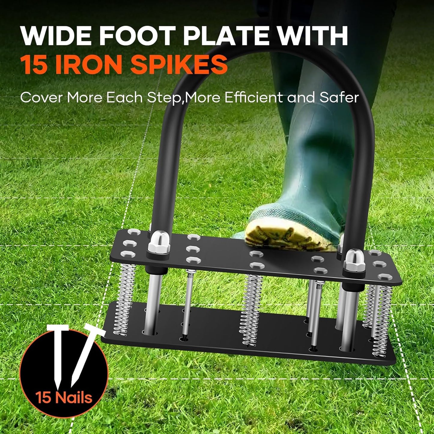 Saker Lawn Aerator, Lawn Aerator Tool with 15 Iron Spikes, Automatic Leaf and Dirt Cleaning, Spring-Loaded Design, Manual Aeration Lawn Tool for Loosening Soil Aerating Patio, Yard, Garden