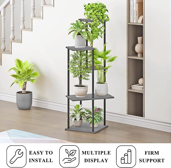Plant Stand Indoor 5-Tier Metal Wood Plant Shelf for Multiple Flower Pots Corner Tall Flower Holders for Living Room Balcony Bedroom, Oak Grey