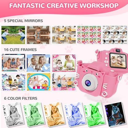 Kids Camera, Toys for Ages 3-7, Camera for Kids, Present for 3 Years+ Old Girls, Kids Camera with Cute Silicone Sleeve, 1080p Video Recording, Multi-Frame & Filter, Girl Toys, Pink