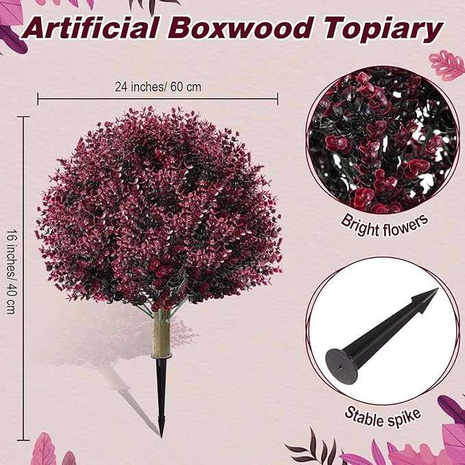 Yunlly 4 Pcs 18 Inch Artificial Boxwood Ball Topiary Tree Fake Outdoor Plants Bush, UV Resistance Faux Shrub with Spike Realistic Greenery Potted for Indoor Garden Yard Porch Patio Decor (Dark Purple)