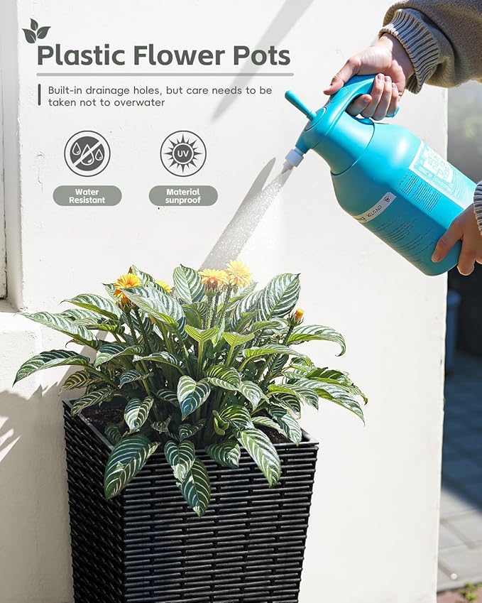 Greesum 24 Inch Tall Plastic Planters with Rattan Texture – Set of 2, Detachable Inner Pot & Drainage Holes, Indoor/Outdoor Decorative Flower Pots for Large Plants, Trees, Patio, and Garden, Black