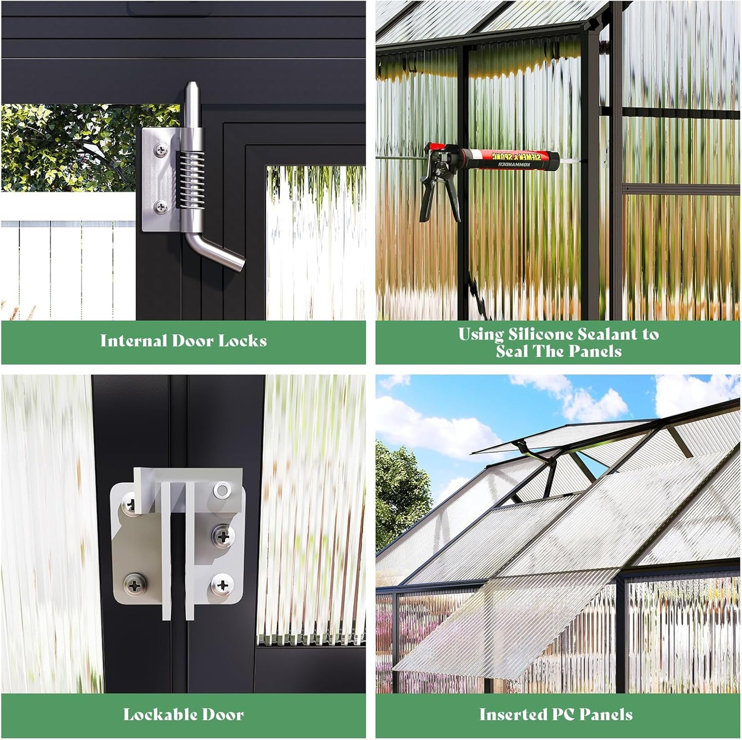 Amerlife 8x10x7 FT Polycarbonate Greenhouse for Outdoors, Walk-in Design with Aluminum Frame, 2 Windows and Swing Door, Heavy-Duty Greenhouse Construction for Garden, Black