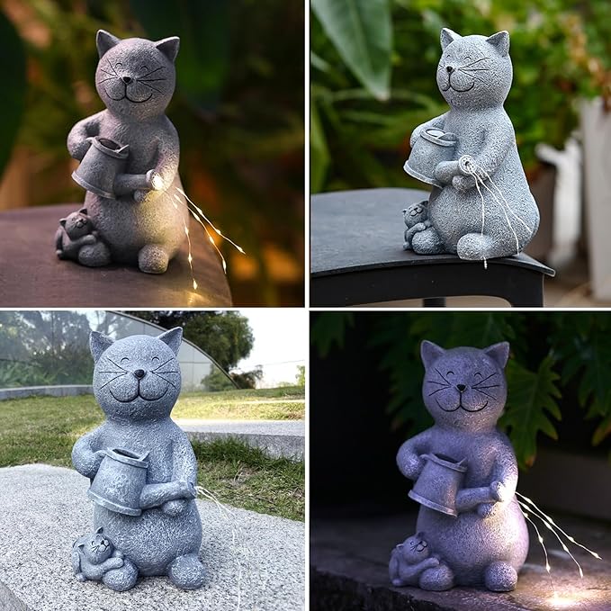 Solar Cat Outdoor Statues Garden Decor with LED Lights Lovely Cat Statues for Patio Balcony Yard Lawn Ornament, Birthday Mother Day Gardening Gifts for Mom Grandma Women
