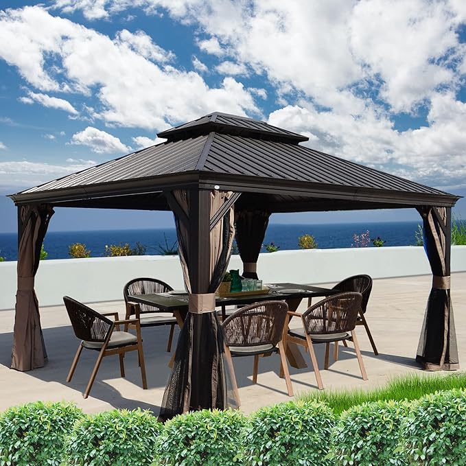 Kozyard Alexander Hardtop Aluminum Permanent Gazebo with a Mosquito Net and Privacy Sidewalls (Alexander 12'x14' (Brown)