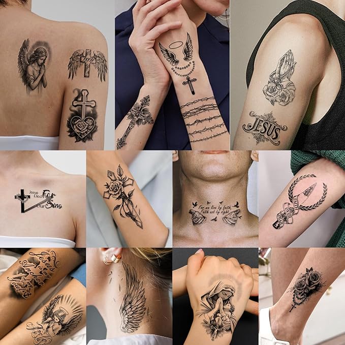 77 Sheets Christian Temporary Tattoo for Women Men, 17 Sheets Half Arm Religious Cross Jesus God Angels Fake Tattoos for Adult Arm Chest, 60 Sheets Christ Tiny Realistic Tattoos Stickers for Kids