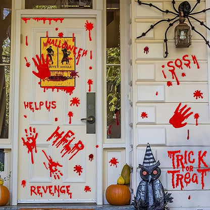 6 Sheets Halloween Window Clings Gel, Reusable Blood Window Clings Gel, Scary Decorations, Help Us, Revenge SOS, Trick or Treat, Bloody Halloween Decorations