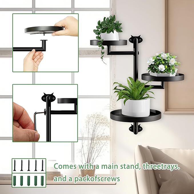 Rotating Window Plant Stand Indoor,3-tier Metal Plant Stand,Wall Plant holder,Window Plant Shelf for Multiple Plants indoors,Window Sill Gifts for Plant Lovers to Enhance Home Decor