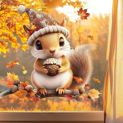 1 Sheet Fall Window Stickers Cute Squirrel Pine Cones Designs Double-Sided Cartoon Animal Decal Fall Leaves Window Clings Autumn Window Clings for Glass Windows for Home School Party Supplies