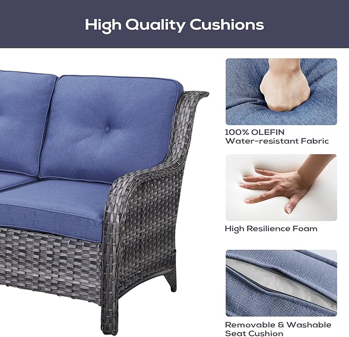 Outdoor Furniture Sectional Sofa L Shaped Couch - Patio Wicker Set with 2 Swivel Glider Chairs, 8 Piece Rattan Patio Conversation Sets with Blue Cushion for Deck Backyard Sunroom