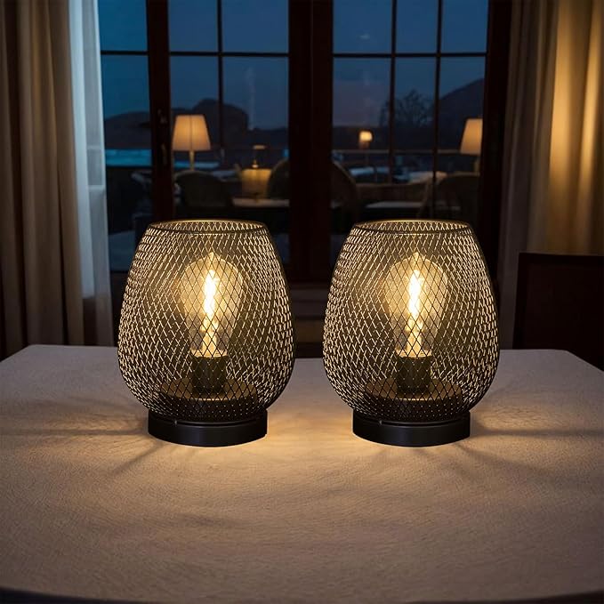 2 Pack Battery Operated Lamp Outdoor Table Lantern,Metal Cage Cordless Lamps with LED Bulb for Weddings Parties Patio Events Indoor Outdoor Patio Bedroom Living Room（Black