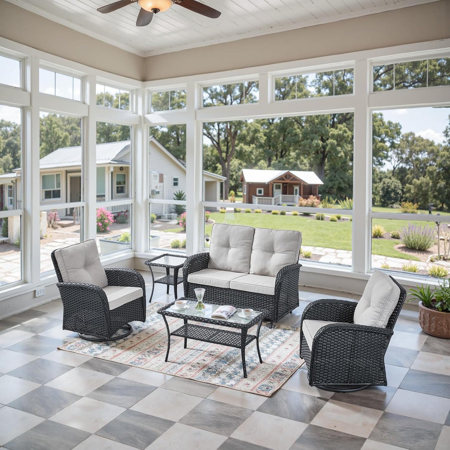 5 Piece Outdoor Patio Furniture Set with Deep Seating Swivel Rocker Chairs Loveseat and Rattan Coffee Table Outdoor Conversation Sets for Deck Backyard Poolside,Black Wicker/Beige Cushion