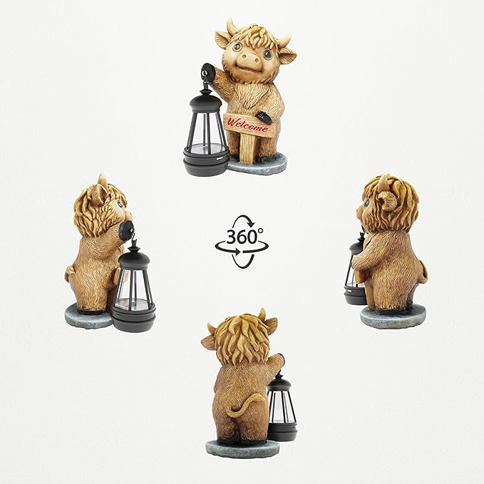 Highland Cow Statues with Solar Lights, Highland Cow Resin Figurine Lights, Highland Cow Ornaments for Patio, Balcony, Indoor Decoration and as Gifts