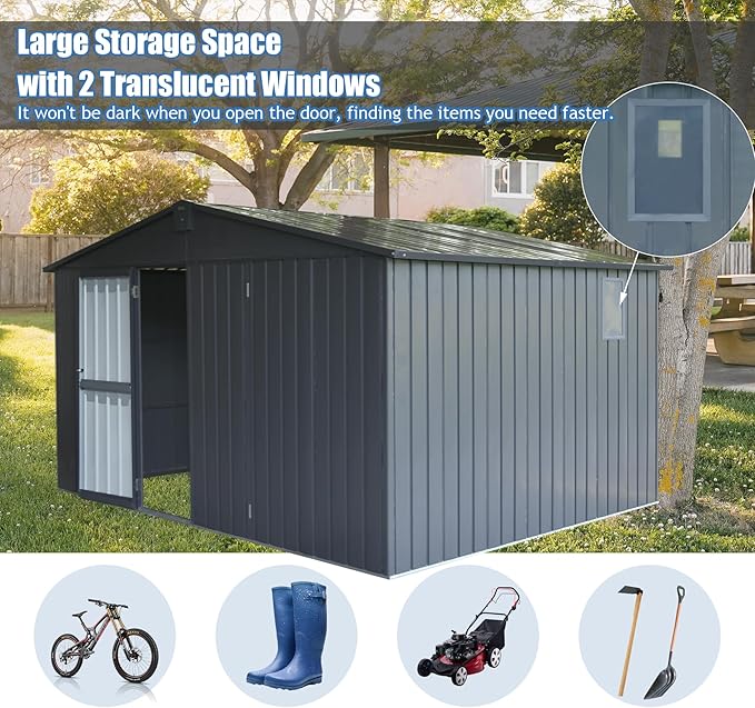 Domi Backyard Storage Shed 11’ x 12.5’ with Galvanized Steel Frame & Windows, Outdoor Garden Shed Metal Utility Tool Storage Room with Lockable Door for Patio(Dark Gray)