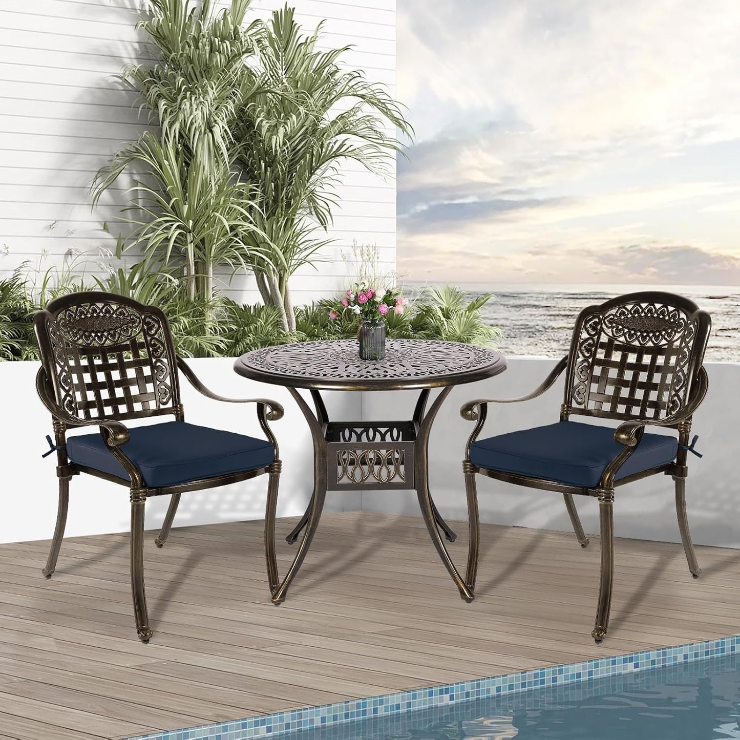 3-Piece Outdoor Patio Dining Set, All-Weather Cast Aluminum Patio Furniture Set for Backyard Garden Deck with 2 Cushioned Chairs and 35.4” Round Table, 2" Umbrella Hole, Navy Blue