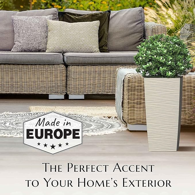 Mueller M-Resin Heavy Duty Tall Planter, Indoor/Outdoor Grande Plant, Tree, Flower Pot, 2-Piece Set, 27.5”, Modern Design, Built-in Drainage, Beige