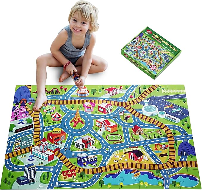 City PlayMat Jumbo Floor Puzzle for Kids Ages 3-8，60-Piece Large Jigsaw Puzzles, Town Map with Race Tracks & Train Tracks，Educational Toy for Pretend Play, Ideal Gift for Preschoolers