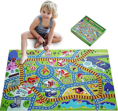 City PlayMat Jumbo Floor Puzzle for Kids Ages 3-8，60-Piece Large Jigsaw Puzzles, Town Map with Race Tracks & Train Tracks，Educational Toy for Pretend Play, Ideal Gift for Preschoolers