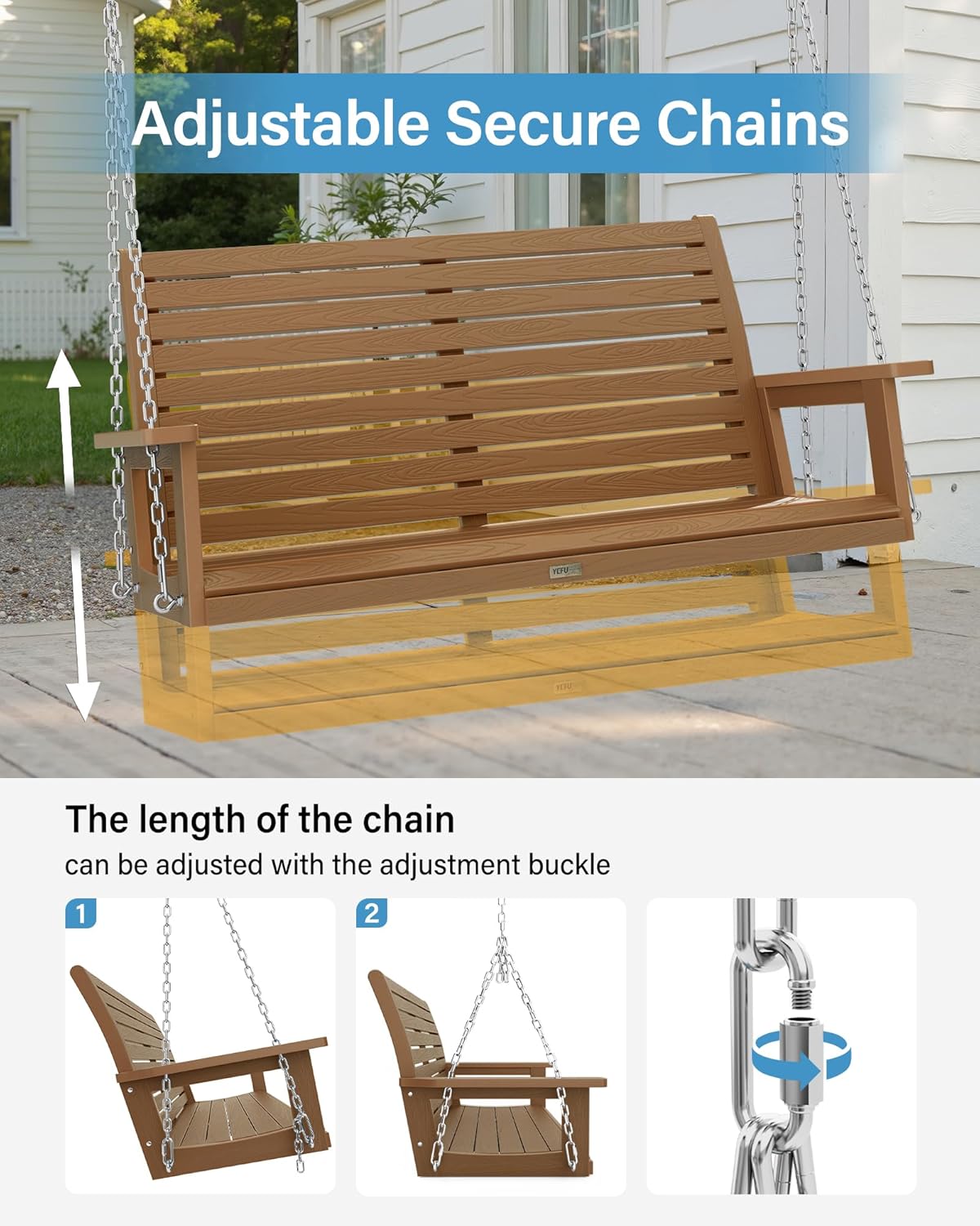 YEFU Hanging Porch Swing Set of 2,2-Seat Patio Swing Bench,All-Weather Swing Chair with Hanging Chains,Look Like Real Wood,for Garden and Courtyard,800LBS Weight Capacity,4FT,Teak