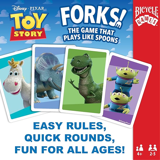 Bicycle Disney and Pixar Forks, Kids Card Game That Plays Like Spoons, Featuring Toy Story Characters Woody, Forky, Jessie & Alien, Ages 4+, 2-5 Players