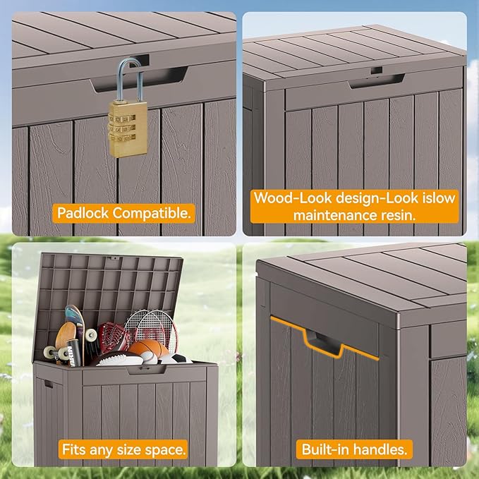 Outdoor Storage Box, 32 Gallon Deck Box Indoor Outdoor Storage Bin,Waterproof Resin Patio Storage Box for Garden Tools,Package Delivery,Pool Accessories,Sports Equipment,Patio Furniture,Lockable