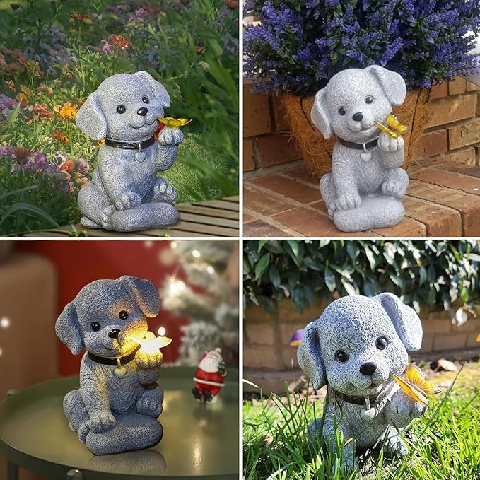 Solar Dog Outdoor Statues Garden Decor with Butterfly LED Lights Dog Statues for Patio Balcony Yard Lawn Ornament, Birthday Mother Day Gardening Gifts for Mom Grandma Women
