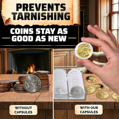 60 Pcs Silver Dollar Holder Case - Universal Sizes (30/33/38/40mm) with Foam Gaskets and Moisture Protection - Transparent Plastic Capsules with Organizer Box for Collectors