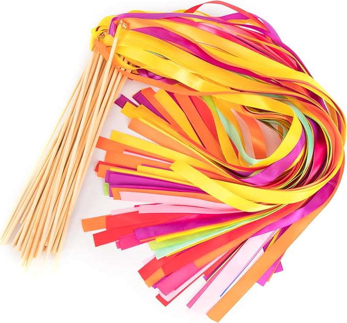 100pcs Rainbow Ribbon Stick Wands with Gold Bell, Multi-Colored Fairy Wish Wands Party Rhythm Send-Off Idea Ribbon Streamers for Wedding, Bridal Shower, Pride Parade, Ceremony Exit Photo Props