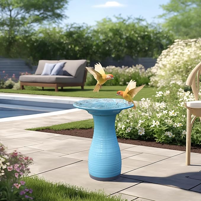 LuxenHome 20 Inch Ceramic Bird Bath for Outside, Elegant Tall Outdoor Bird Bath, Lightweight Pedestal Glazed Birdbaths for Outdoors with Leaf Pattern, Sky Blue