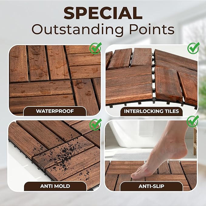 Pack of 10 Deck Tiles - 12"x12" Interlocking Natural Solid Acacia Wood for Outdoor & Indoor, Patio Garden, Balcony, Poolside - Dark Brown Color