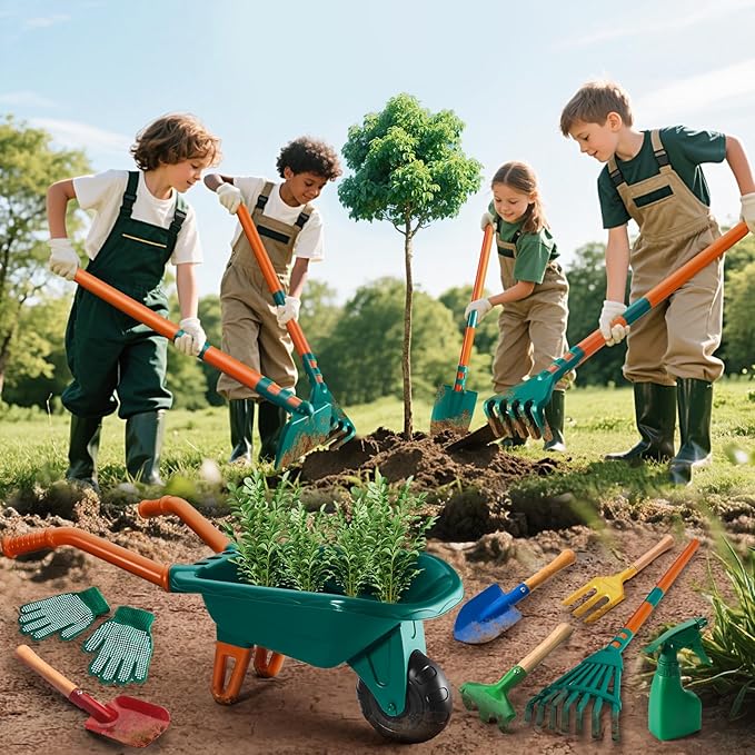 Kids Gardening Set-12 PCS Kids Gardening Tools Wheelbarrow Set with Shovel, Leaf Rake, Gloves, Spray Bottle-Toddler Gardening Set Play Outdoor Educational STEM Learning for Boys Girls Age 3 4 5 6 7 8+