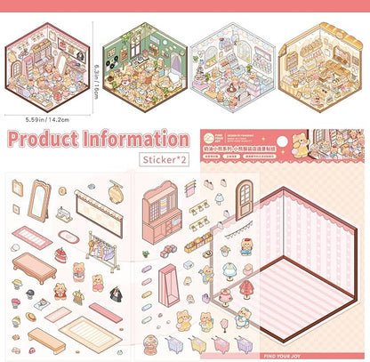 Girls 3D Miniature Scene Stickers, 4 Sets Mini Shop DIY House Stickers for Clothing Store, Coffee Shop, Bakery, Dessert Shop, Cute 3D Cartoon Sticker Scenes for Adult Kids Relief Stress Pass The Time
