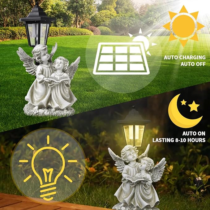 Solar Garden Outdoor Decor Statues Winged Angel Reading with Light,Outside-Outdoor Decorations Sculptures for Patio Yard Lawn Walkway Ornaments Clearance Gifts for Mom Grandma Birthday
