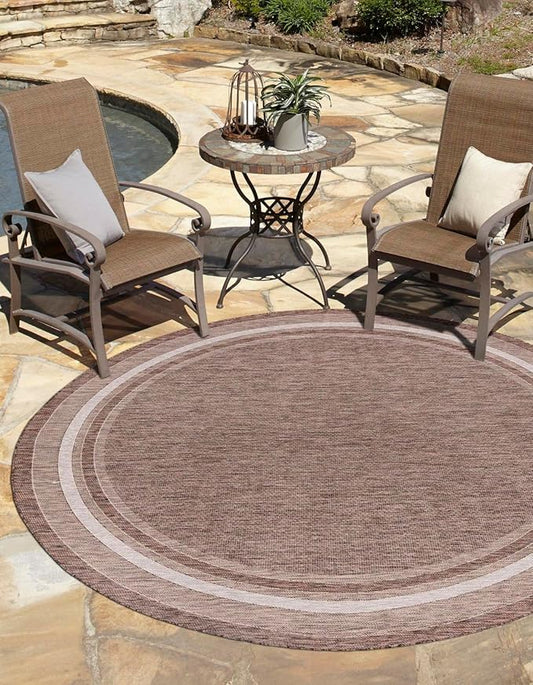 Unique Loom Outdoor Border Collection Area Rug - Soft Border (7' 10" Round Brown/Ivory)
