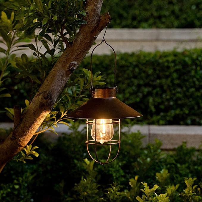HUYIENO 2Pack Solar Metal Hanging Lantern with Shepherd Hook Outdoor Led Garden Lights Brushed Copper