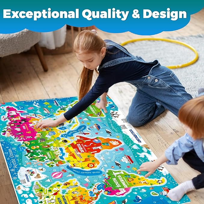 QUOKKA Giant Floor Puzzle for Kids Ages 4-6 – 2x3 Feet Extra-Thick 48 Pieces Toddler Puzzle Ages 3-5 – World Map Educational Activity for Boys Girls – Premium Box with Sturdy Handle & Magnetic Closure