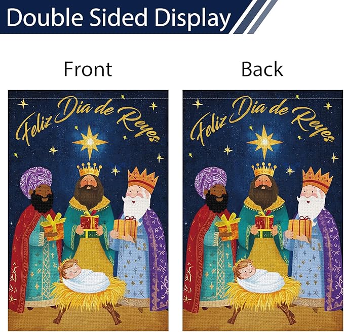 Heyfibro Feliz Dia De Reyes Garden Flag Three Kings Christmas Flags 12 x 18 Inch Double Sided Burlap,Nativity Christ Yard Banner for Xmas Winter Farmhouse Seasonal Decor(ONLY FLAG)