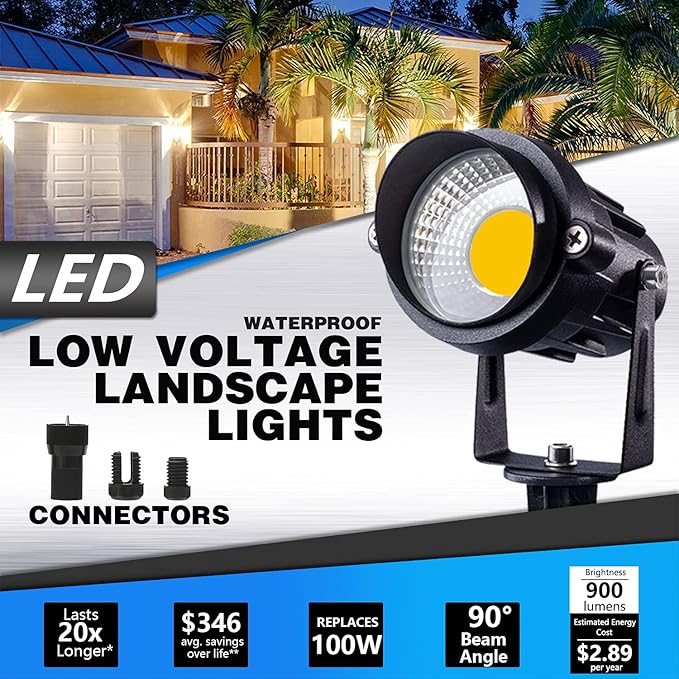 SUNVIE 12W Low Voltage Landscape Lighting Waterproof LED Landscape Lights 3000K Garden Pathway Lights 12V Outdoor Spotlights with Spike Stand, 2 Pack with Connectors