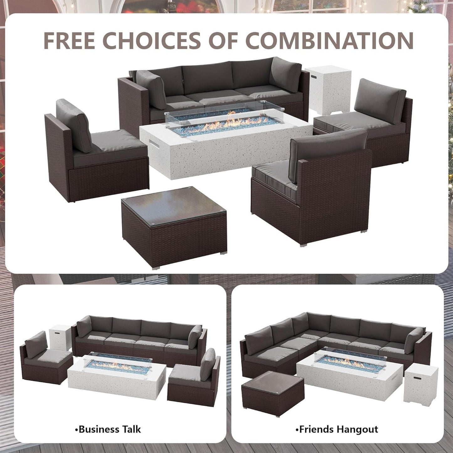 8 Piece Patio Furniture Set - Outdoor Conversation Sets with 56" Fire Table and Coffee Table, Rattan Modular Sofa Set for Garden/Poolside, Grey/Brown