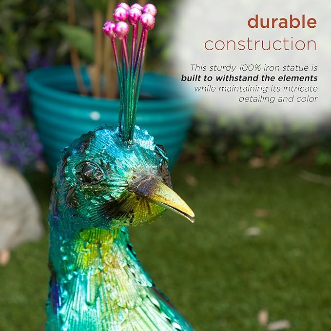 Alpine Corporation HEH378 Metal Jumbo Sized Majestic Peacock Decor, Elegant Garden & Patio Bird Statue, 33" H, Blue