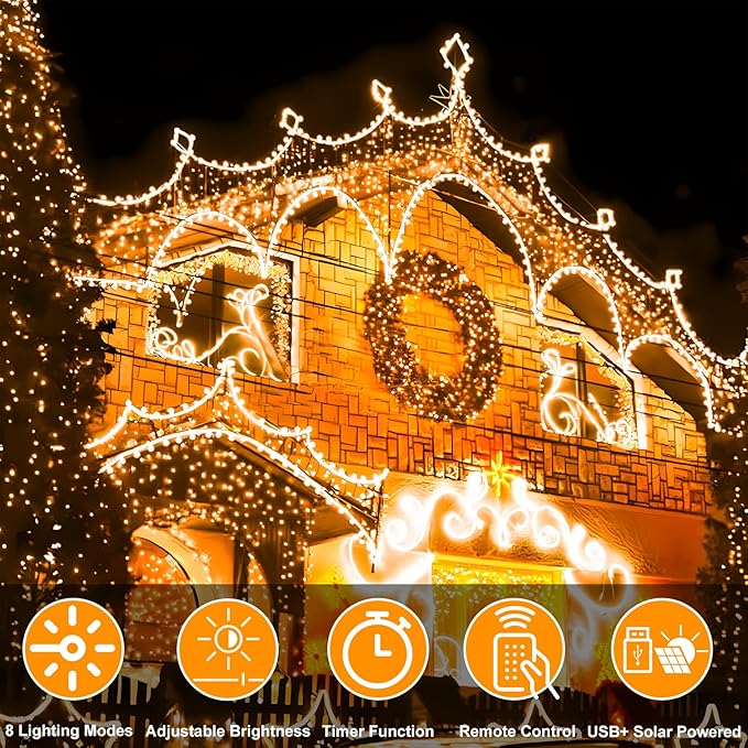 300 LED Solar Rope Lights Outdoor 99 FT Bright Solar Garden String Lights Durable 8 Modes Outdoor Fairy Lights Waterproof Solar Garden Decorative Lights for Fence Patio Decor (Warm)