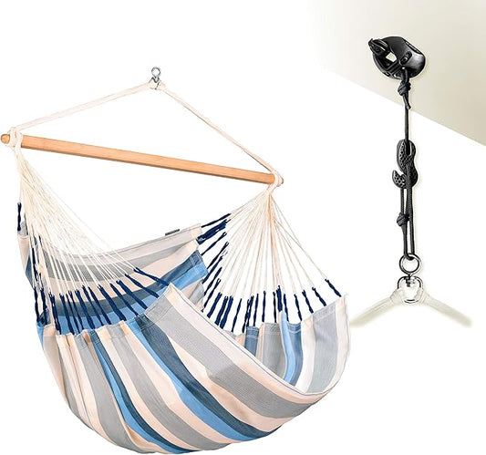 LA SIESTA® - XL King Domingo Hammock Swing Chair & CasaMount - Weather & Tear Resistant Hanging Chair - Outdoor Indoor Hammock Chair w/Suspension Kit for Walls Ceilings Square Beams - Sea Salt