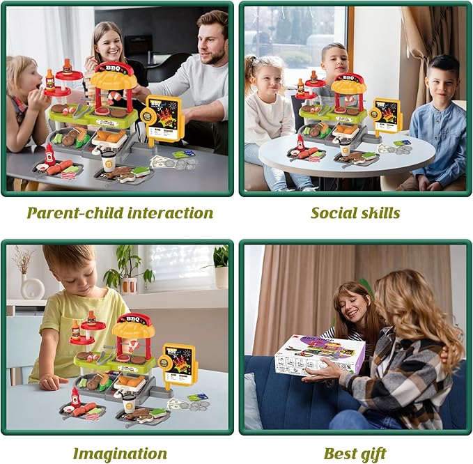 Kids BBQ Grill Play Set: Coffee, Card Reader, Cash Register, Play Food (Grilled Fish, Wings, Kebabs, Sausages), Play Money - Educational Toy Kitchen Ages 3+
