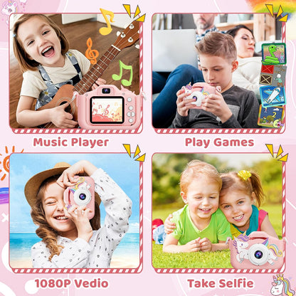 Kids Camera, Toys for Toddlers Age 3-8 Year Old Girl Christmas Birthday Gifts, Children Digital Camera with Cartoon Soft Silicone Cover and 32GB Card (Sakura Pink)