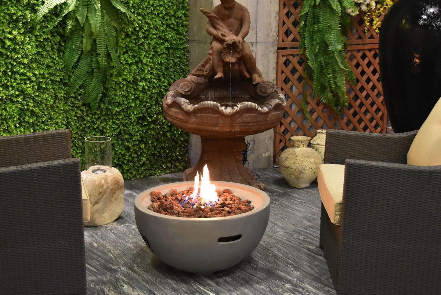 AMS Fireplace | Modeno Nantucket Package | Light Gray Natural Gas Fire Pit Table for Outside Patio Bundle with SS Burner Lid | Free Ice Bucket